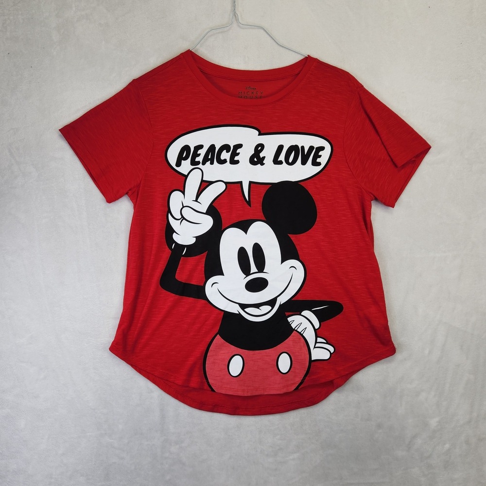 Disney Mickey Mouse Peace‎ & Love Red Graphic Tee Shirt XL Womens Slub Knit